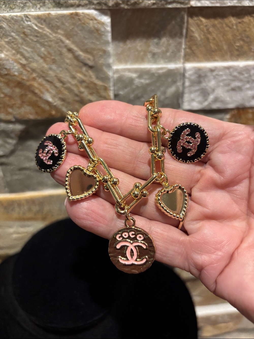 Gold plated Charm Bracelet with Pink Accents - Picture 2 of 5